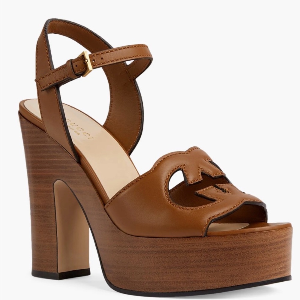 Gucci Cutout Interlocking G 36/ US 6 Platform Sandal Dark Brown Leather - Picture 2 of 8